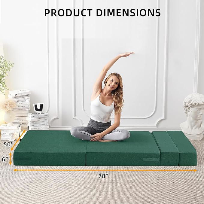 Convertible Folding Sofa Bed-Sleeper Chair with Pillow, Modern Linen Fabric Floor & Futon Couch, Foldable Mattress for Living Room/Dorm/Guest Use/Home Office/Apartment, Full Size,Dark Green - LeafyLoom