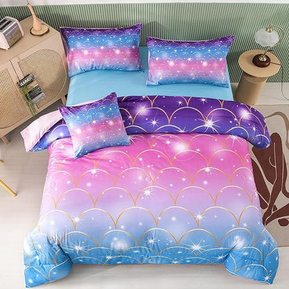 PERFEMET Pink Mermaid Comforter Set Full Size 6 Pieces Bed in A Bag Colorful Rainbow Bedding Set for Teens Girls 3D Sparkly Glitter Ombre Bed Set with Comforter and Sheets (Pink Mermaid, Full) - LeafyLoom