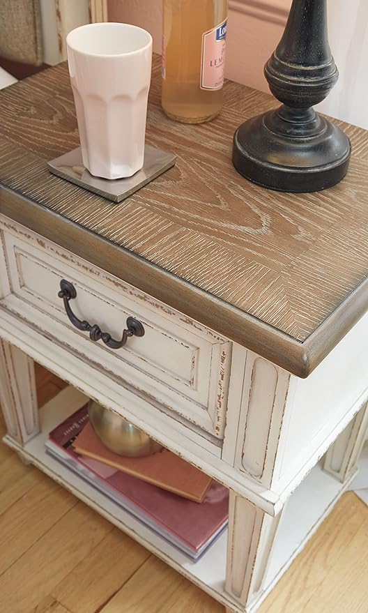 Signature Design by Ashley Realyn Traditional Cottage 1 Drawer Nightstand with Dovetail Construction & Open Display Shelf, Chipped White, Distressed Brown - LeafyLoom