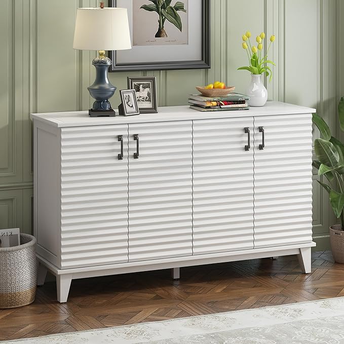 60" Sideboard with 4 Door Large,Retro Wooden Buffet Cabinet,W/Adjustable Shelves and Metal Handles,Console Table for Living Room Bedroom Kitchen,Antique White - LeafyLoom