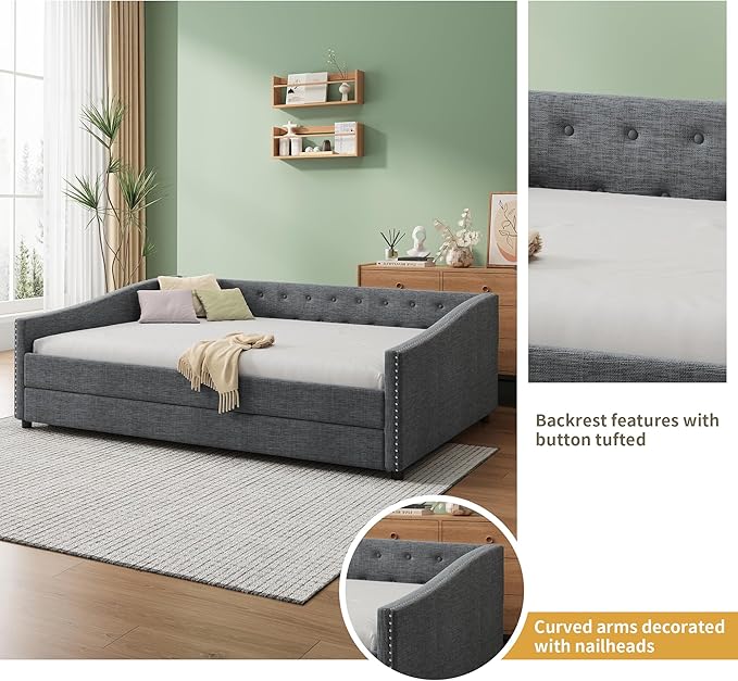 Full Size Upholstered Daybed with Twin Size Trundle,Wood Sofa Bed Frame W/Button Tufted Back and Nailhead Decorated Waved Shape Arms,Slat Support,for Bedroom,Living Room,Apartment,Dark Gray - LeafyLoom