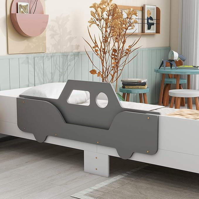 Car-Shaped Twin Bed with Bench,Wood Platform Bedframe W/Book Storage Groove & Safety Guardrail,Minimalistic Design,Easy Assembly,Toy Car Bedroom Furniture for Boys Kids Toddlers Child,White - LeafyLoom