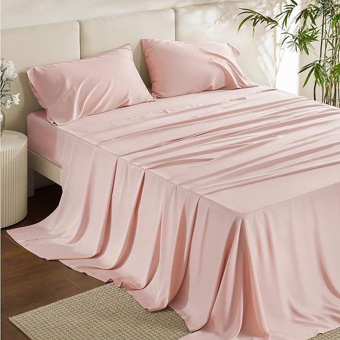 Bedsure Full Size Sheets, Cooling Sheets Full, Rayon Derived from Bamboo, Deep Pocket Up to 16", Breathable & Soft Bed Sheets, Hotel Luxury Silky Bedding Sheets & Pillowcases, Pink - LeafyLoom