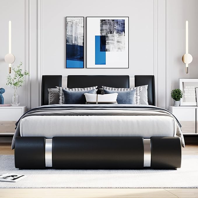 Modern Queen Size Upholstered Faux Leather Platform Bed with a Hydraulic Storage System, Metal Strips Headboard and Footboard, No Box Spring Needed, Sturdy Slat Support, Easy to Assemble - LeafyLoom