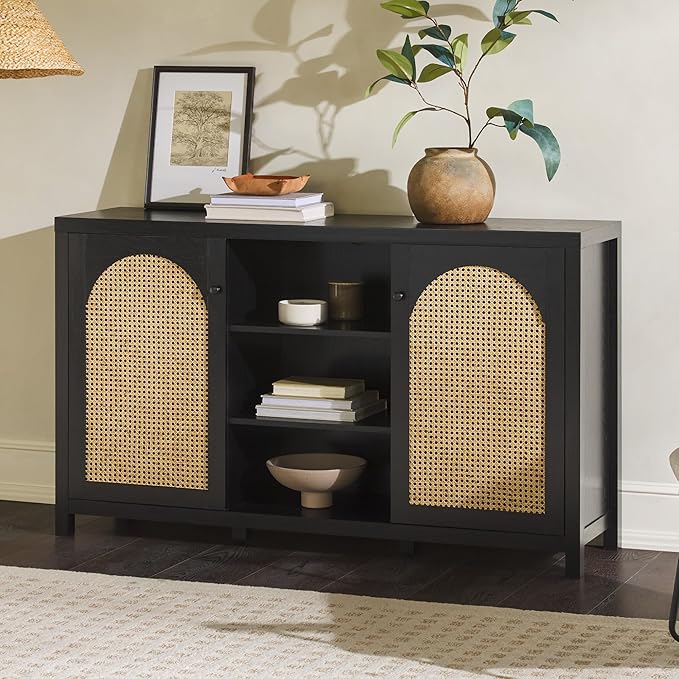 Walker Edison Boho Arched Rattan 2-Door Sideboard, 58 Inch, Black - LeafyLoom