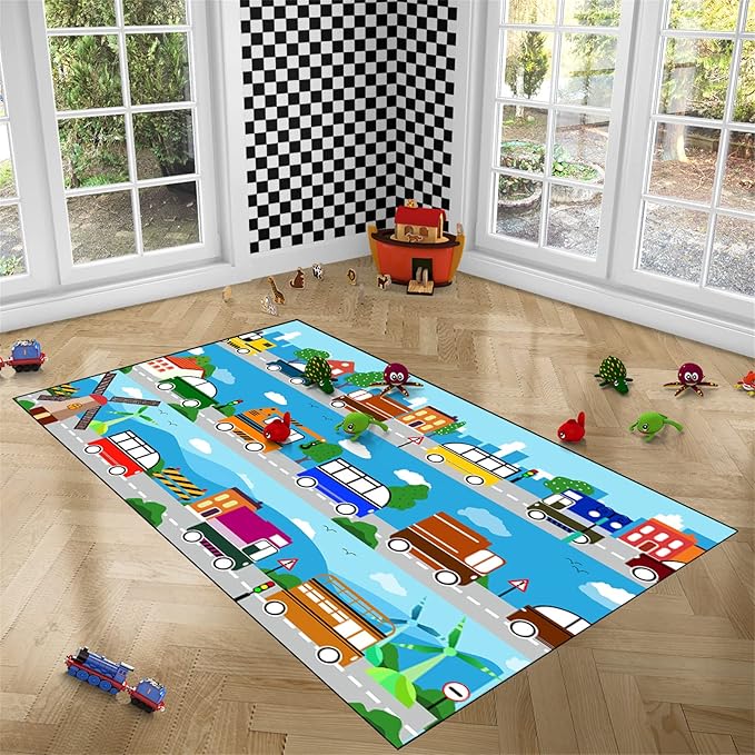 Car Carpet for Kids Kids Rugs for Playroom Car Track Rug Road Rug for Kids Car Play Rug Road Carpet for Toy Cars Car Track Rugs for Boys Car Rug for Boys Room 4'×5' - LeafyLoom