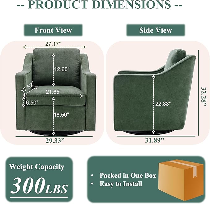 COLAMY 360° Swivel Accent Chair Set of 2, Upholstered Fabric Leisure Armchair with Lumbar Pillow for Living Room Bedroom Home Office, Green - LeafyLoom