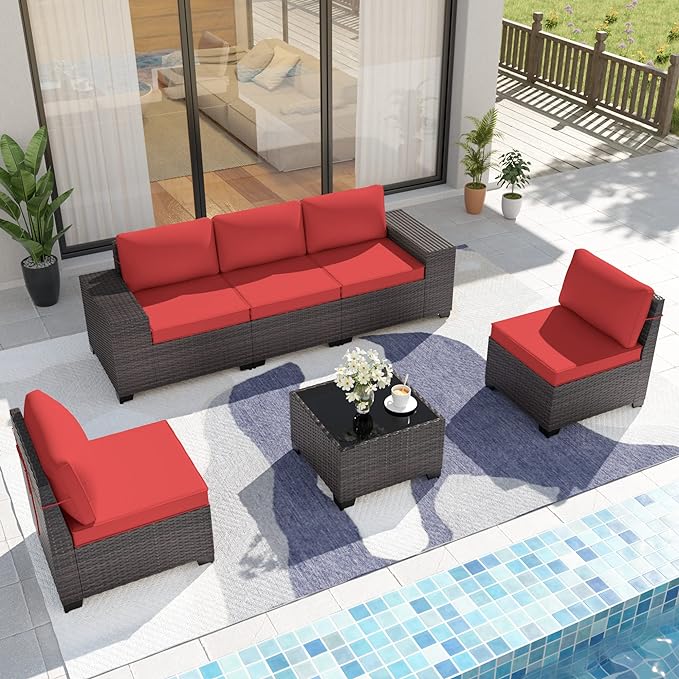 Patio Furniture Set Sofa 6-Piece Wicker PE Rattan Sectional Sofa Set, Outdoor Furniture Patio Conversation Set with Glass Coffee Table and Cushions, Red - LeafyLoom