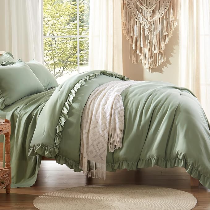 Anluoer Queen Comforter Set 7 Piece, Sage Green Bed in a Bag with Sheets, All Season Ruffle Shabby Chic Bedding Sets with 1 Comforter, 2 Pillow Shams, 2 Pillowcases, 1 Flat Sheet, 1 Fitted Sheet - LeafyLoom