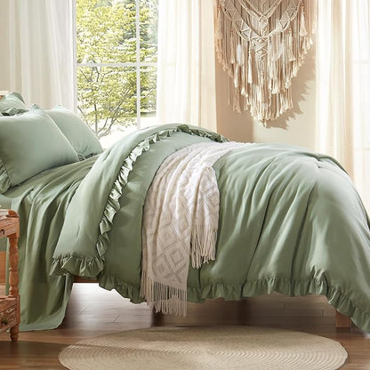 Anluoer Twin Comforter Set 5 Piece, Sage Green Bed in a Bag with Sheets, All Season Ruffle Shabby Chic Bedding Sets with 1 Comforter, 1 Pillow Sham, 1 Pillowcase, 1 Flat Sheet, 1 Fitted Sheet - LeafyLoom