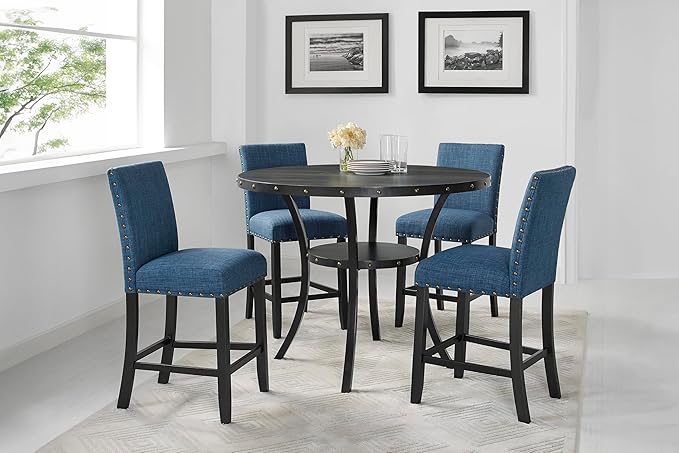 New Classic Furniture Crispin Counter Dining Chair (Set of Four), 100% Polyester Marine Blue Fabric with Espresso Legs - LeafyLoom