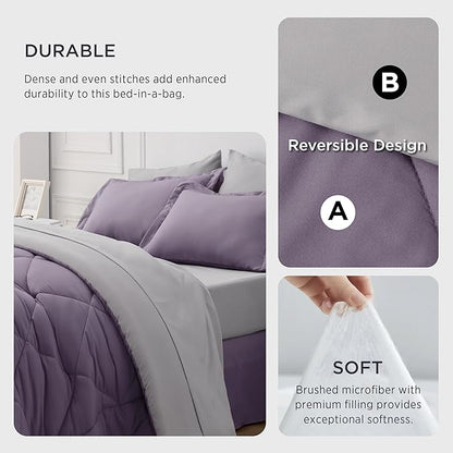 Bedsure Grayish Purple California King Size Comforter Set - 7 Pieces Reversible Cal King Bed in a Bag, Cal King Grayish Purple and Grey Bed Set with Comforters, Sheets, Pillowcases & Shams - LeafyLoom