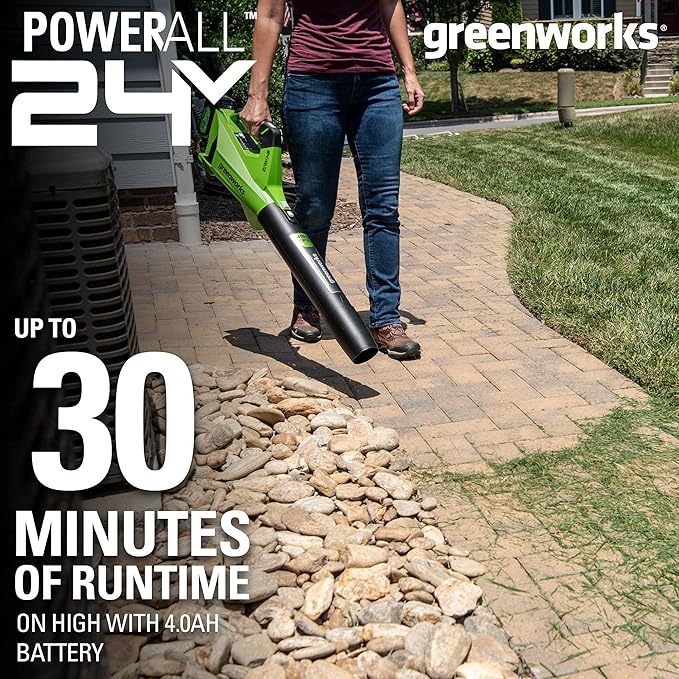 Greenworks 24V (110 MPH / 450 CFM / 125+ Compatible Tools) Cordless Brushless Axial Leaf Blower, 4.0Ah Battery and Charger Included - LeafyLoom