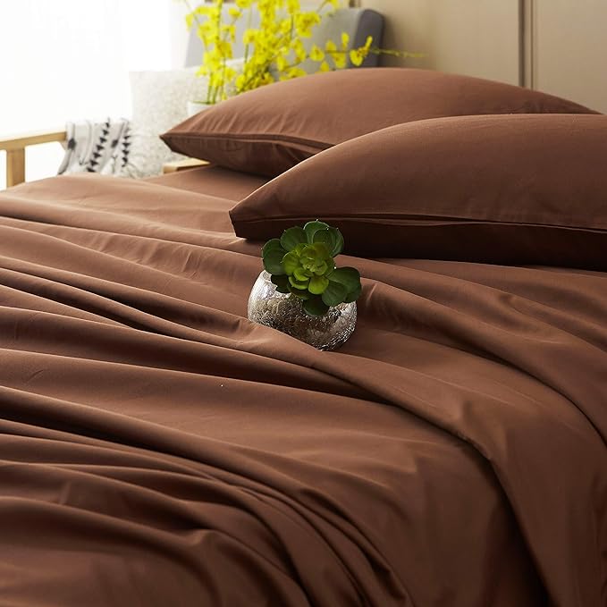 SONORO KATE Sheets Super Soft Microfiber 1800 Thread Count 16 Inch Deep Pocket 4 Piece Queen Brown - LeafyLoom