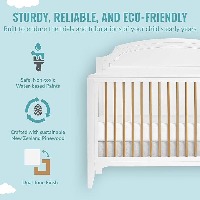 JPMA & Greenguard Gold Certified Milton 5-in-1 Convertible Crib Made with Sustainable New Zealand Pinewood in White and Natural, Non-Toxic Finish - LeafyLoom