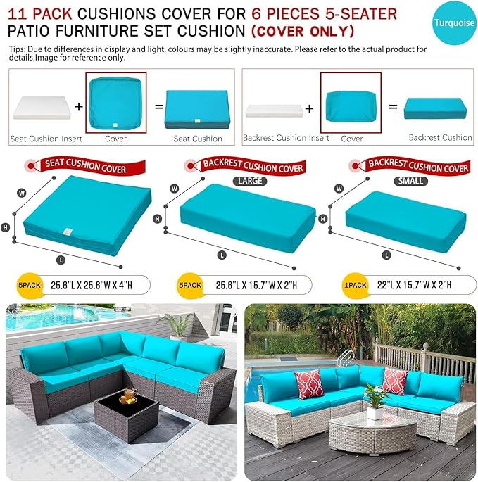 ClawsCover 11Pack Outdoor Seat and Back Cushions Replacement Covers Fit for 5-Seater 6Pieces Wicker Rattan Patio Furniture Conversation Set Sectional Couch Chairs,Turquoise-Included Cover Only - LeafyLoom