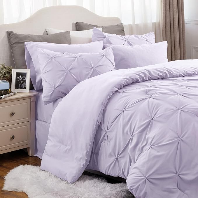 Bedsure California King Comforter Set - Cal King Bed Set 7 Pieces, Pinch Pleat Light Purple Cali King Bedding Set with Comforter, Sheets, Pillowcases & Shams - LeafyLoom