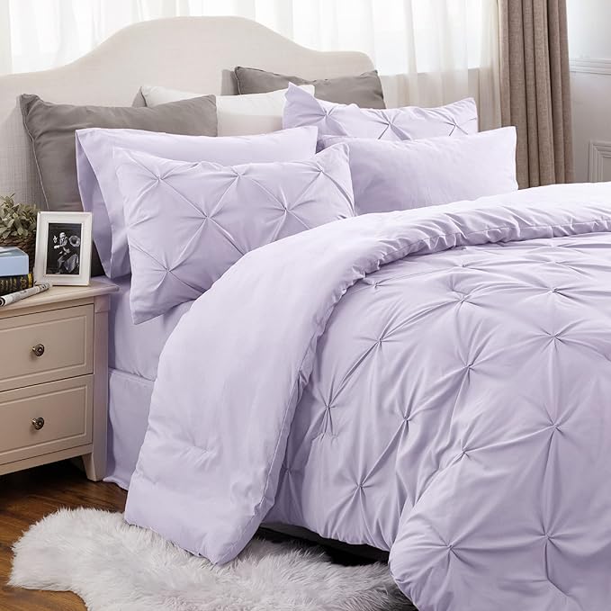 Bedsure Light Purple Comforter Set Queen - Bed in a Bag Queen 7 Pieces, Pintuck Beddding Sets Light Purple Bed Set with Comforter, Sheets, Pillowcases & Shams - LeafyLoom