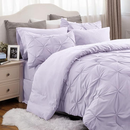 Bedsure Light Purple Comforter Set Queen - Bed in a Bag Queen 7 Pieces, Pintuck Beddding Sets Light Purple Bed Set with Comforter, Sheets, Pillowcases & Shams - LeafyLoom