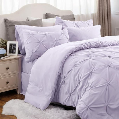 Bedsure Light Purple Comforter Set King - Bedding Set King 7 Pieces, Pintuck Bed in a Bag Purple Bed Set with Comforter, Sheets, Pillowcases & Shams - LeafyLoom