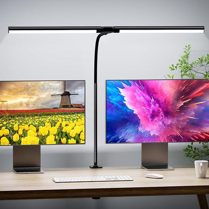 Quntis Double Head LED Tall Desk Lamp for Home Office, 31.5-inch Foldable Computer Desk Light with Clamp, Dimmable Dual Monitor Light Bar for Curved Screen Architect Drafting Design - 32 Modes - LeafyLoom