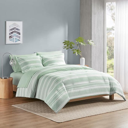 Codi Full Size Comforter Set with Sheets, Sage Green Bed in a Bag for Teen, 7 Piece Striped Bed Sets for All Seasons with 1 Comforter, 2 Pillow Shams, Flat Sheet, Fitted Sheet and 2 Pillowcases - LeafyLoom