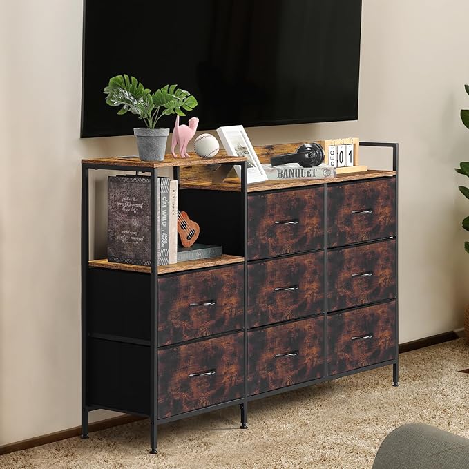 MOOACE TV Stand with Charging Station, 52'' Long TV Stand with 8 Storage Drawers and Open Shelves, Chests, Dresser for Bedroom, Living Room, Brown - LeafyLoom