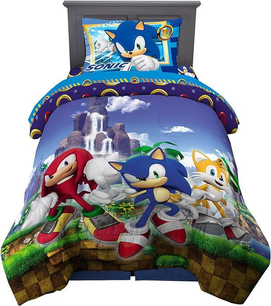 Franco Kids Bedding Super Soft Comforter and Sheet Set, 4 Piece Twin Size, Sonic The Hedgehog, Anime - LeafyLoom