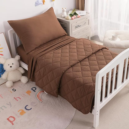 NTBAY Toddler Bedding Set - 4 Piece Soft and Breathable Crib Bedding Set for Boys and Girls, Includes Quilted Comforter, Fitted Sheet, Flat Top Sheet and Envelope Pillowcase, Brown - LeafyLoom