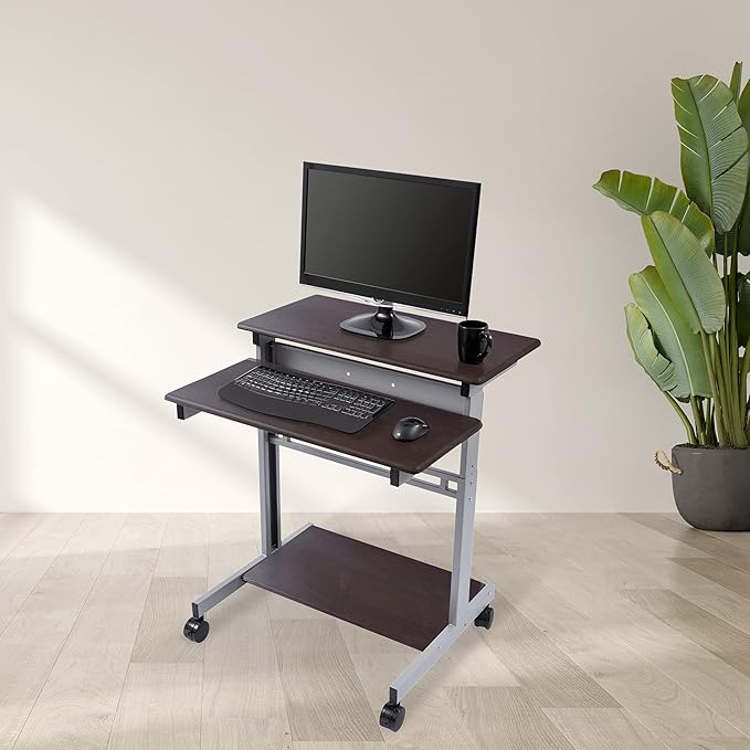 Stand Up Desk Store Rolling Adjustable Height Two Tier Standing Desk Computer Workstation (Silver Frame/Dark Walnut Top, 32" Wide) - LeafyLoom