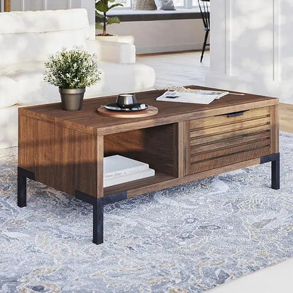 Bme Millie Solid Wood Coffee Tables, Industrial Modern Living Room Center Desk with 2 Storage Drawers & Fully Assembled, Rustic Chestnut - LeafyLoom