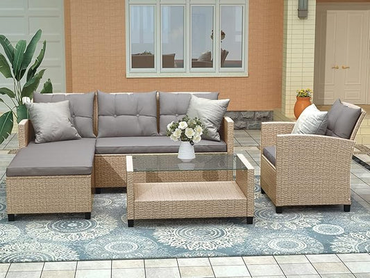 Outdoor Patio Furniture Sets, 4 Piece Rattan Conversation Sofa Wicker Sectional Couch with Chaise Lounge, Single Sofachair, Seat Cushions and Glass Table, for Garden Backyard Deck, Gray - LeafyLoom