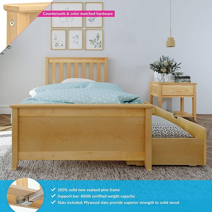 Max & Lily Twin Bed, Bed Frame with Headboard For Kids with Storage Drawers, Slatted, Natural - LeafyLoom