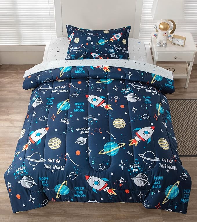 Planet Twin Comforter Set for Boys Girls 4-Piece Rocket Kids Bedding Sets Galaxy Space Stars Bedroom Decor - Include Reversible Comforter, Flat Sheet, Fitted Sheet and Pillowcase - LeafyLoom