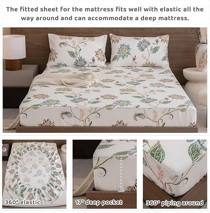 QSH Floral Bed Sheets King Size - 100% Egyptian Cotton Floral Bedding Sheets Botanical Leaves Flower Pattern Printed Bedding King Size Bed Sheets 17.5" Extra Deep Pocket 4pcs - LeafyLoom