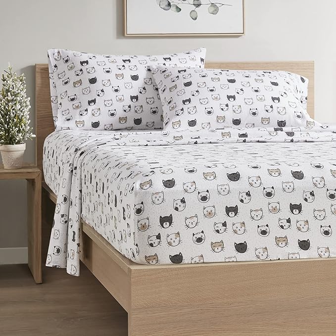 Comfort Spaces Cotton Flannel Breathable Warm, Deep Pocket Sheets with Pillow Case Bedding, Full, Grey/Pink Cats 4 Piece - LeafyLoom