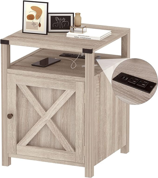 Farmhouse Nightstand with Charging Station, Rustic End Table Bedroom with Storage Living Room Side Table Beige Night Stand Industrial Bedside Bed Table with USB Ports and Outlets - LeafyLoom