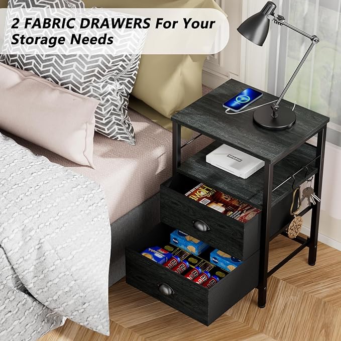 Furologee Nightstand Set of 2, Black Oak, with Charging Station and USB Ports, Side Tables with 2 Fabric Drawers, Bedside Tables with Storage Shelf & Hooks, for Living Room/Bedroom - LeafyLoom