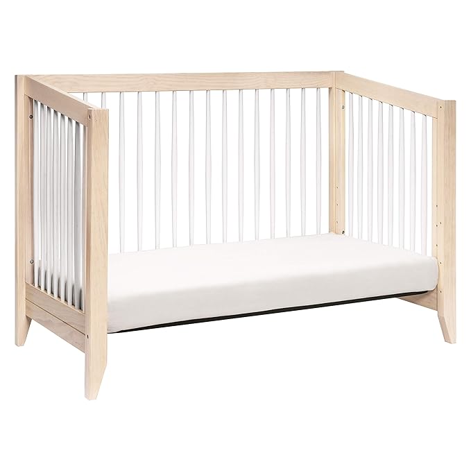 Babyletto Sprout 4-in-1 Convertible Crib with Toddler Bed Conversion Kit in Washed Natural and White, Greenguard Gold Certified - LeafyLoom