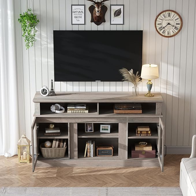 58 Inch TV Stand, Television Stands with 2 Tempered Glass Doors, Storage Cabinet and Shelves, Entertainment Center for Living Room, Barnwood - LeafyLoom