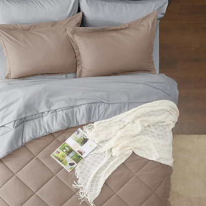 Bedsure Taupe Twin XL Comforter Set - 5 Pieces Reversible Twin XL Bed in a Bag Twin XL Bed Set with Comforters, Sheets, Pillowcase & Sham, Twin XL Bedding Sets - LeafyLoom