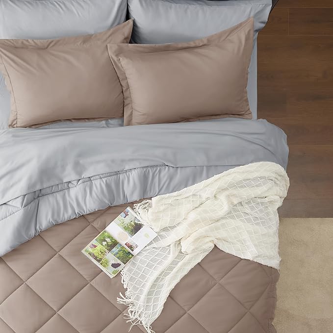 Bedsure Taupe King Size Comforter Set - 7 Pieces Reversible King Bed in a Bag King Bed Set with Comforters, Sheets, Pillowcases & Shams, King Bedding Sets - LeafyLoom