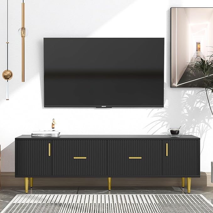 67 Inch TV Stand, Modern Television Stands with 2 Drawers and 2 Cabinets, Stylish Entertainment Center with 5 Champagne Legs for Living Room and Bedroom, Black - LeafyLoom