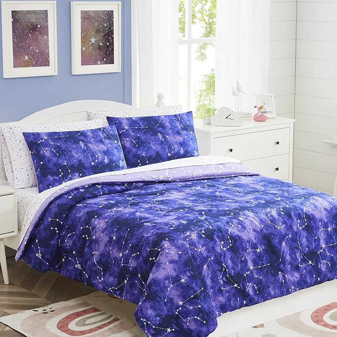 Comforter Set with Bedding - 5 Pieces Twin Bed in a Bag with Comforter, Sheets, Pillowcase & Sham - Glow in The Dark Galaxy - LeafyLoom