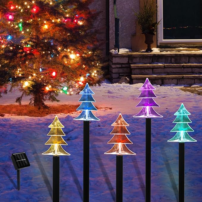 Christmas Solar Pathway Lights, Set of 5 Waterproof Landscape Christmas Lights, Stake Christmas Decorations, LED Lights for Yard Lawn Patio Walkway Decor (5PCS-Multi Colors-Tree) ILLUMINEW