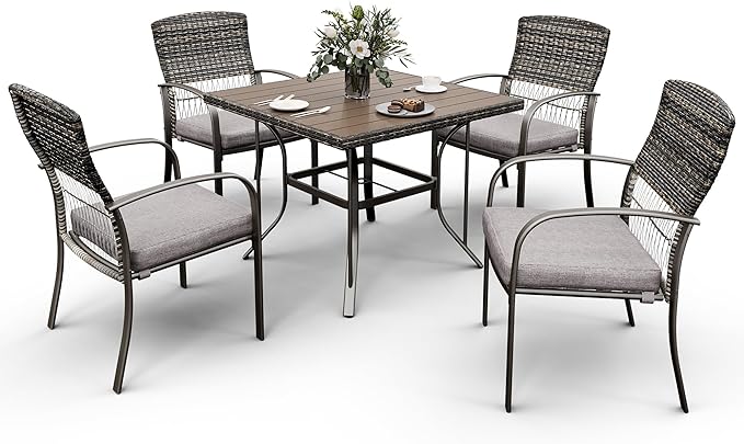 Pamapic Patio Table and Chairs Set, All-Weather Rattan Outdoor Table and Chairs with Removable Waterproof Cushions, Plastic-Wood Patio Dining Set for 4 with Umbrella Hole(Gray) - LeafyLoom