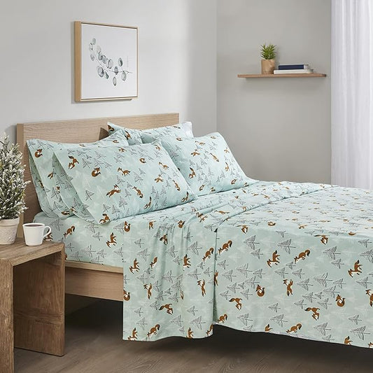 Comfort Spaces Cotton Flannel Breathable Warm Deep Pocket Sheets with Pillow Case Bedding, Twin XL, Seafoam Foxes 3 Piece - LeafyLoom