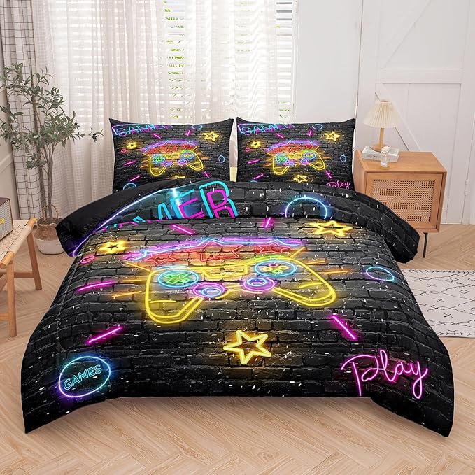 Boys Full Size Bedding Set, Gaming Comforter Sets for Boys, Gamer Bedding Sets for Boys Teens, Neon Kids Bedding Set, Gaming Room Decor for Boys Bedroom(1 Comforter +2 Pillowcases) - LeafyLoom