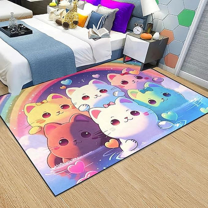 Rainbow Cat Rug for Girls - Colorful Cat Rug for Kids Bedroom Cute Cartoon Cat Pattern Rug Lovely Cat Rugs Room Decor Anime Cat Area Rug, 3x5 Feet - LeafyLoom