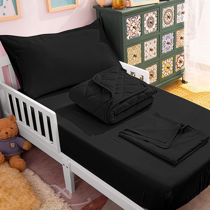 NTBAY Toddler Bedding Set - 4 Piece Soft and Breathable Crib Bedding Set for Boys and Girls, Includes Quilted Comforter, Fitted Sheet, Flat Top Sheet and Envelope Pillowcase, Black - LeafyLoom